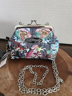 Ed Hardy Y2K Tattoo Print Kisslock Clutch Mini Chain Crossbody Shoulder Bag